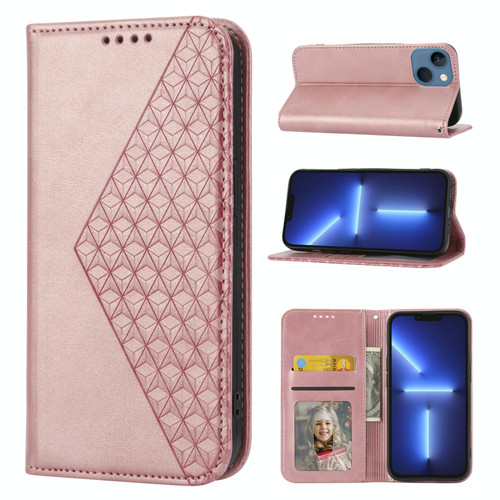 For iPhone 14 Plus Cubic Grid Calf Texture Magnetic Closure Leather Phone Case(Rose Gold)