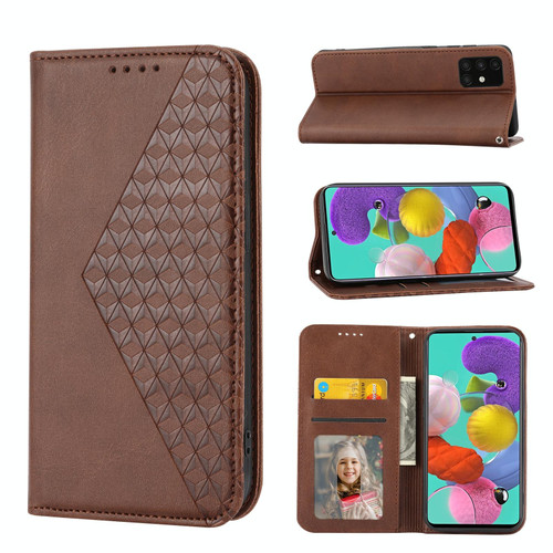 For Samsung Galaxy A71 4G Cubic Grid Calf Texture Magnetic Closure Leather Phone Case(Brown)
