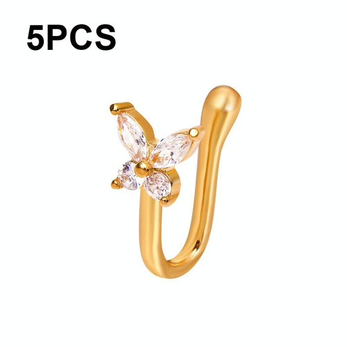 5 PCS Butterfly Nose Clip Copper Inlaid Zircon U-shaped Nose Decoration(A-1204 Gold)