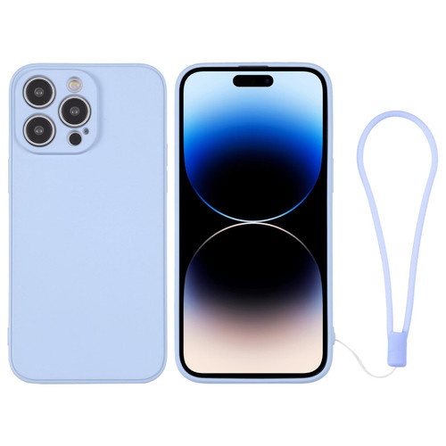 For iPhone 14 Pro Max Silicone Phone Case with Wrist Strap(Light Blue)