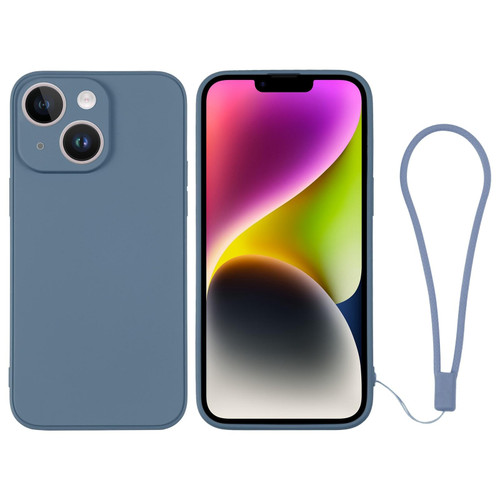 For iPhone 14 Silicone Phone Case with Wrist Strap(Grey Blue) For iPhone 14 Silicone Phone Case with Wrist Strap(Grey Blue)