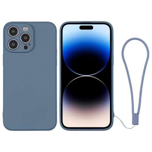 For iPhone 14 Pro Max Silicone Phone Case with Wrist Strap(Grey Blue)