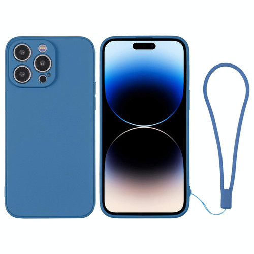 For iPhone 14 Pro Max Silicone Phone Case with Wrist Strap(Blue)