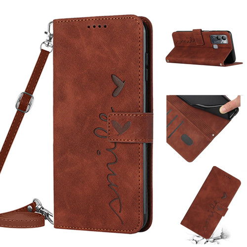 For Infinix Hot 12i Skin Feel Heart Pattern Leather Phone Case with Lanyard(Brown)