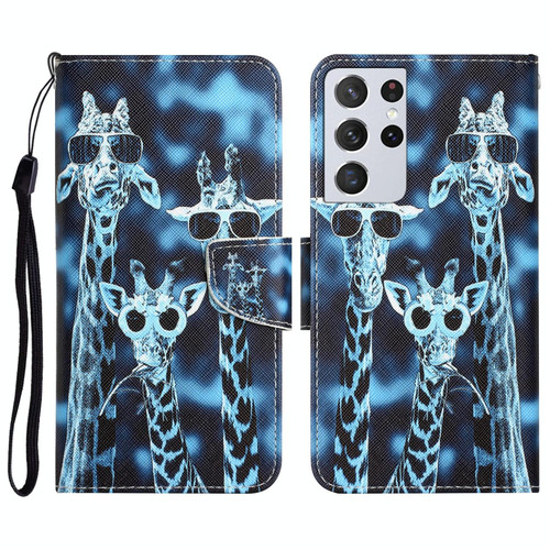 For Samsung Galaxy S21 Ultra 5G Colored Drawing Leather Phone Case(Giraffes)
