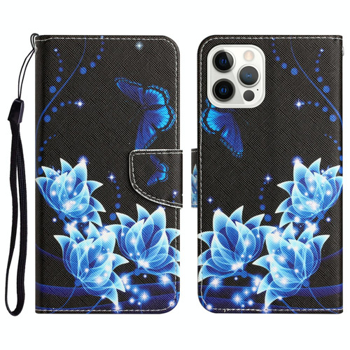 For iPhone 14 Pro Colored Drawing Leather Phone Case(Blue Butterfly)