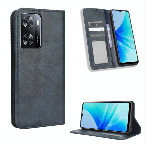 For OPPO A57 5G / 4G Magnetic Buckle Retro Texture Leather Phone Case(Blue)