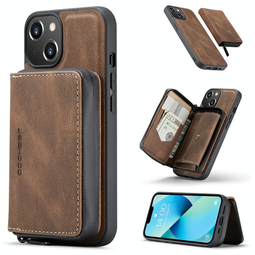 For iPhone 14 Plus JEEHOOD Magnetic Zipper Wallet Leather Phone Case (Brown)