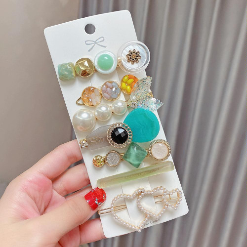 7PCS/Set Green Buttons Alloy Colorful Hairpin Headgear Pearl Rhinestone Clip Set 7PCS/Set Green Buttons Alloy Colorful Hairpin Headgear Pearl Rhinestone Clip Set