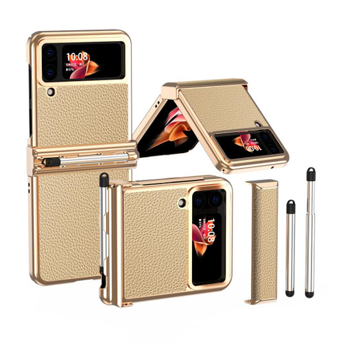 For Samsung Galaxy Z Flip3 5G Litchi Texture Leather Hinged Electroplated Phone Case with Pen(Gold)