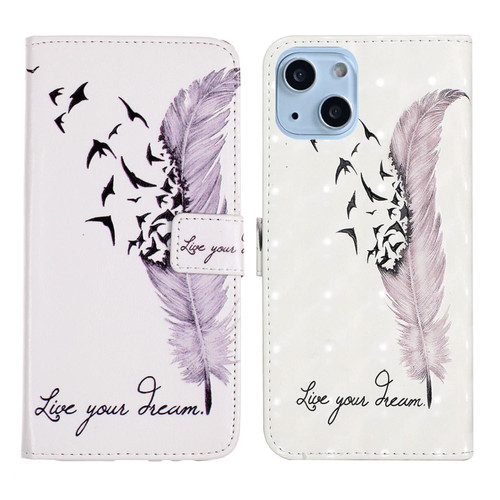 For iPhone 14 3D Drawing Leather Phone Case (Feather)