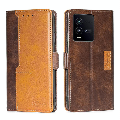 For vivo iQOO 10 Contrast Color Side Buckle Leather Phone Case(Dark Brown + Gold)
