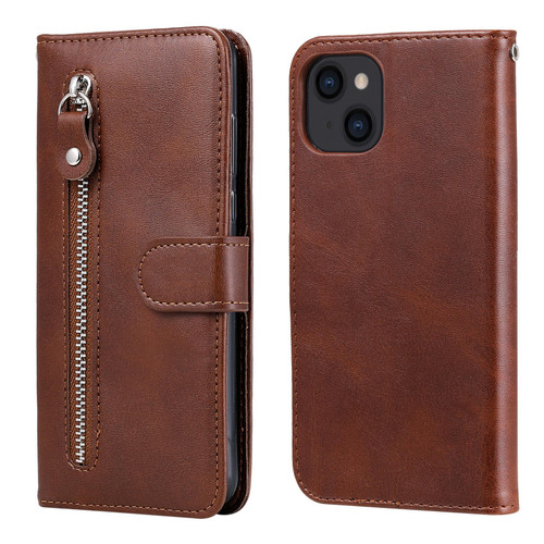 For iPhone 14 Fashion Calf Texture Zipper Horizontal Flip Leather Phone Case (Brown)