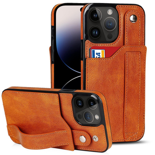 For iPhone 14 Pro Wrist Strap Holder Phone Case(Yellow)