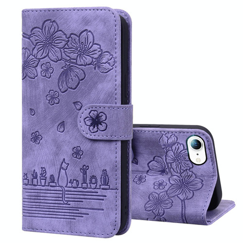 For iPhone SE 2022 / SE 2020 / 8 / 7 Cartoon Sakura Cat Embossed Leather Case(Purple)