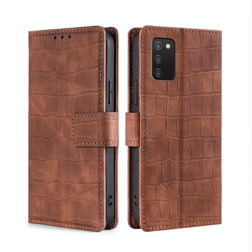 For Samsung Galaxy A03s 165.85mm US Version Skin Feel Crocodile Magnetic Clasp Leather Phone Case(Brown)