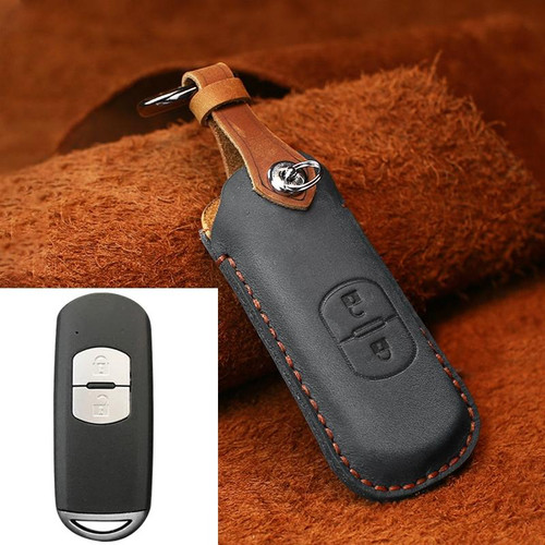 For Mazda Old Style Hallmo Car Cowhide Leather Key Protective Cover Key Case, Two Keys Version(Black)