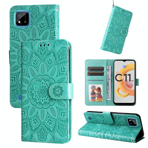 For OPPO Realme C11 2021 / C20 Embossed Sunflower Leather Phone Case(Green)