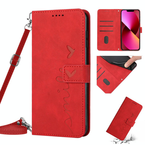 For iPhone 13 Skin Feel Heart Pattern Leather Phone Case With Lanyard(Red)