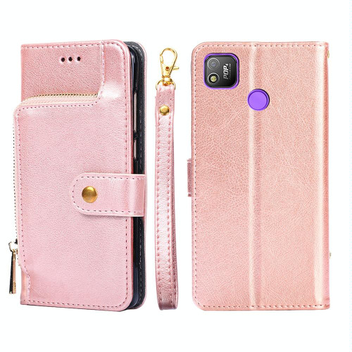 For Tecno Pop 4 Zipper Bag Leather Phone Case(Rose Gold)