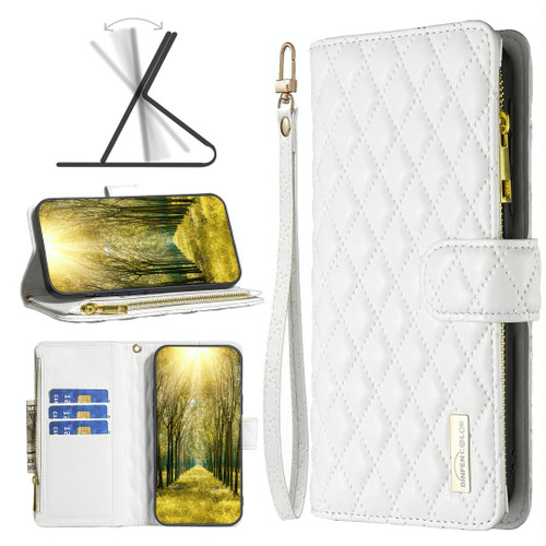 For OPPO A54 4G / A55 5G / A16 Diamond Lattice Zipper Wallet Leather Flip Phone Case(White)