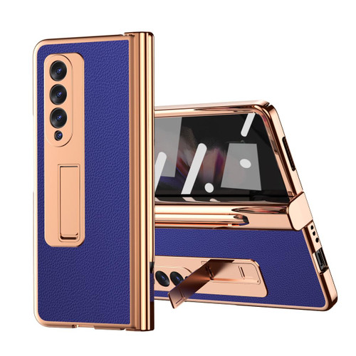 For Samsung Galaxy Z Fold3 5G Litchi Texture Leather Hinged Electroplated Phone Case with S Pen Fold Edition & Protective Film(Blue)