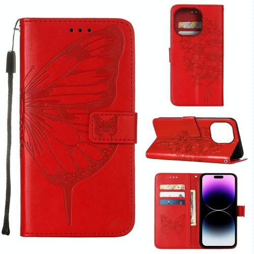 For iPhone 14 Pro Embossed Butterfly Leather Phone Case (Red)