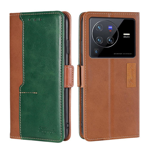 For vivo X80 Pro Contrast Color Side Buckle Leather Phone Case(Light Brown + Green)