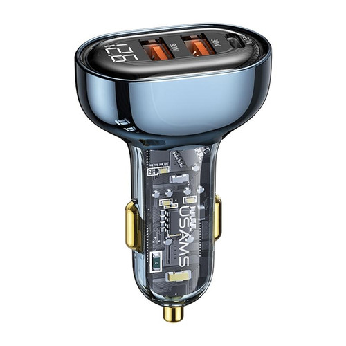 USAMS US-CC159 80W Dual USB + Type-C Digital Display Car Charger(Transparent Blue)