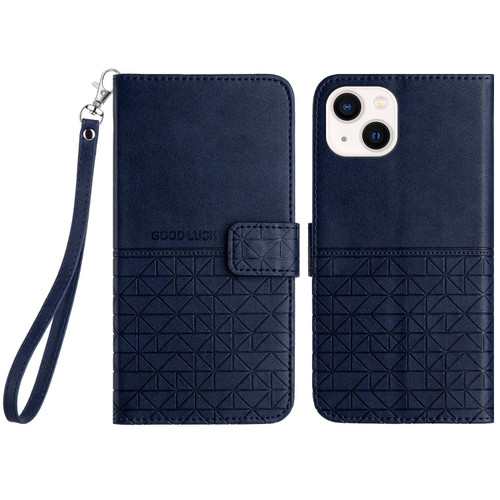 For iPhone 14 Plus Rhombic Texture Leather Phone Case with Lanyard(Blue)
