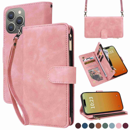 For iPhone 15 Pro Crossbody Multi-card Slot Wallet Zipper Leather Phone Case(Pink)