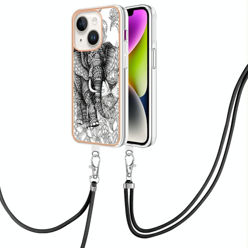 For iPhone 15 Plus Electroplating Dual-side IMD Phone Case with Lanyard(Totem Elephant)