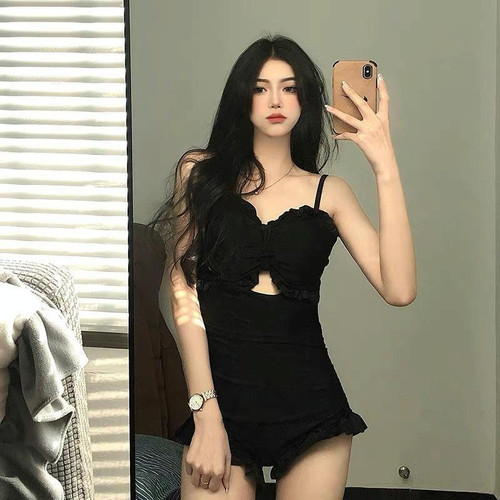 Women One-Piece Swimsuit Sexy Conservative Belly Shading Slim Swimwear, Size: L(Black)