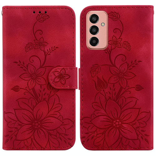 For Samsung Galaxy M13 4G Lily Embossed Leather Phone Case(Red)