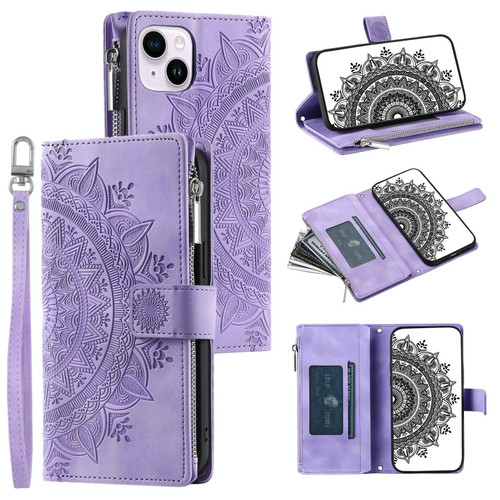 For iPhone 14 Multi-Card Totem Zipper Leather Phone Case(Purple)