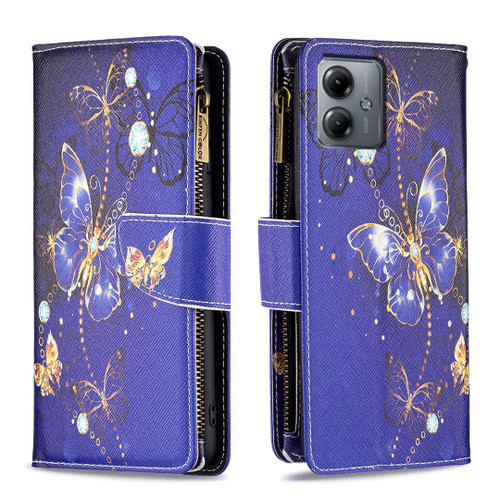 For Motorola Moto G14 4G Colored Drawing Pattern Zipper Leather Phone Case(Purple Butterfly)