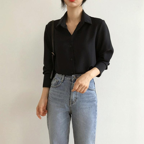 Women Chiffon Professional Shirt Loose Bottoming Shirt, Size: 2XL(Black)