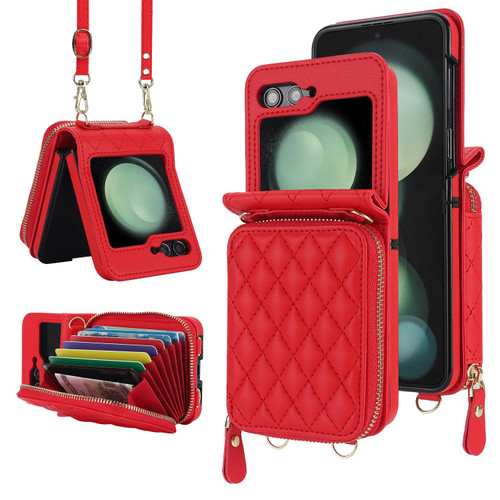 For Samsung Galaxy Z Flip5 Rhombic Texture Card Bag Phone Case with Dual Lanyard(Red)