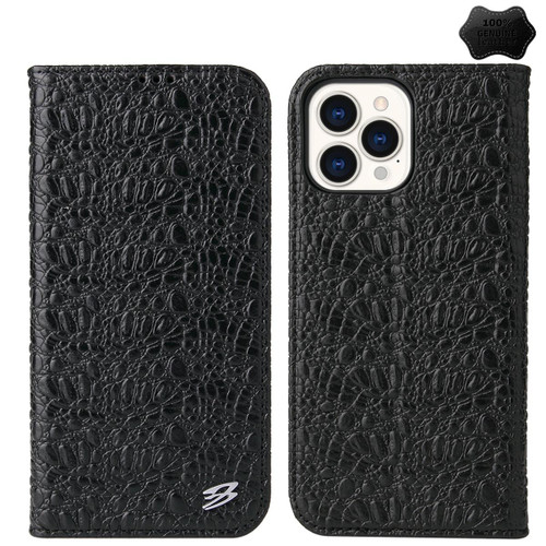 For iPhone 15 Pro Max Fierre Shann Crocodile Texture Magnetic Genuine Leather Phone Case(Black)