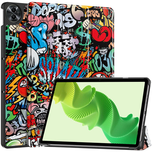 For Realme Pad 2 Custer Painted 3-Fold Holder Smart Leather Tablet Case(Graffiti)