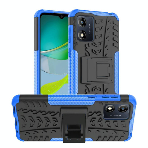 For Motorola Moto E13 Tire Texture TPU + PC Phone Case with Holder(Blue)