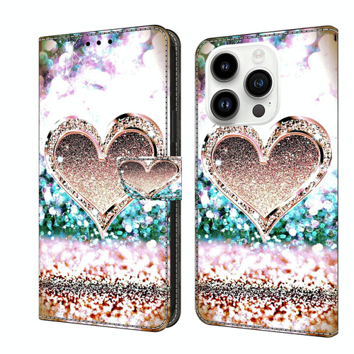 For iPhone 15 Pro Crystal 3D Shockproof Protective Leather Phone Case(Pink Diamond Heart)