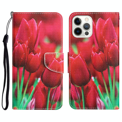 For iPhone 15 Pro Max Colored Drawing Leather Phone Case(Tulips)