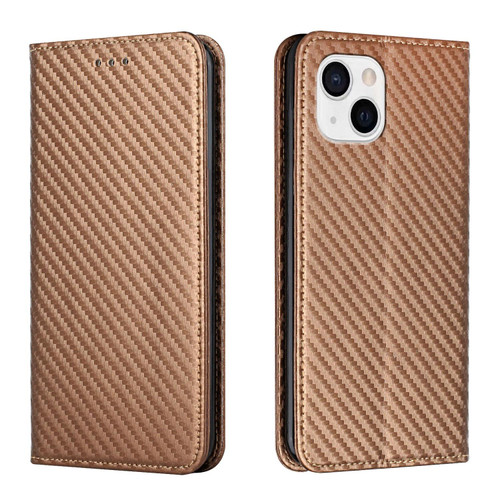 For iPhone 15 Carbon Fiber Texture Flip Holder Leather Phone Case(Brown)
