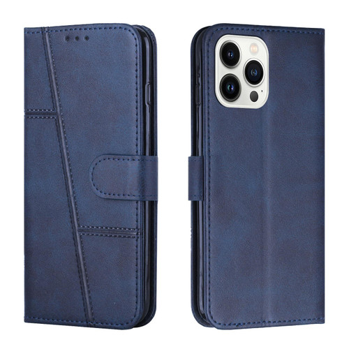 For iPhone 15 Pro Max Stitching Calf Texture Buckle Leather Phone Case(Blue)