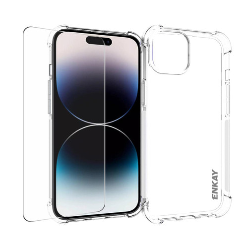 For iPhone 15 ENKAY Transparent TPU Shockproof Phone Case with Glass Film