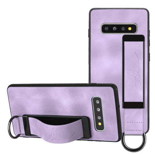 For Samsung Galaxy S10+ Wristband Holder Leather Back Phone Case(Purple)