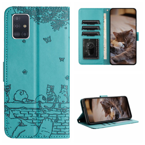 For Samsung Galaxy A71 Cat Embossing Pattern Leather Phone Case with Lanyard(Blue)
