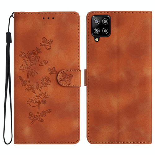 For Samsung Galaxy A22 4G Flower Butterfly Embossing Pattern Leather Phone Case(Brown)