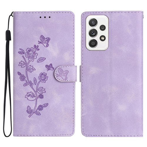 For Samsung Galaxy A52 5G Flower Butterfly Embossing Pattern Leather Phone Case(Purple)